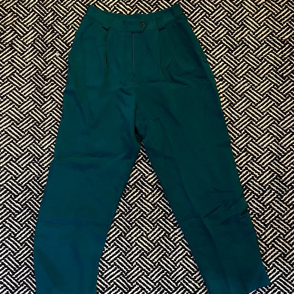 Vintage Womens Silk Turquoise Trousers, Size 6